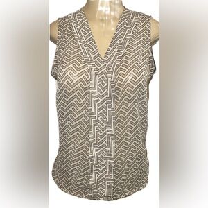 Banana Republic Gray Tan Geometric Grecian Print Sleeveless Blouse Small Sheer